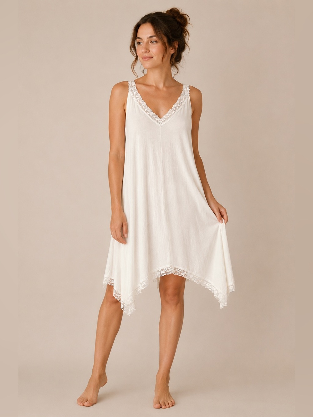 POL Ivory Lace-Trim V-Neck Handkerchief Hem Chemise